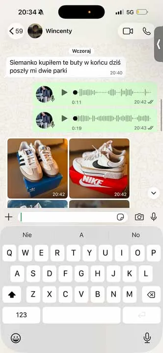 Rozmowa na WhatsAppie: kursant informuje o sprzedaży dwóch par jednego dnia