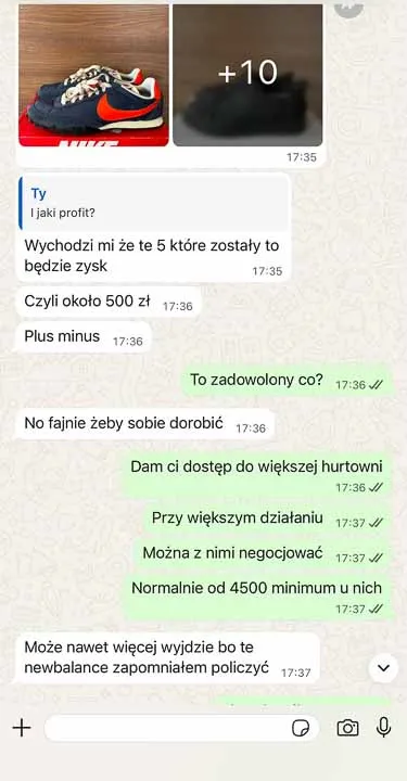 Rozmowa na WhatsAppie: kursant wylicza około 500 zł zysku z pozostałych par