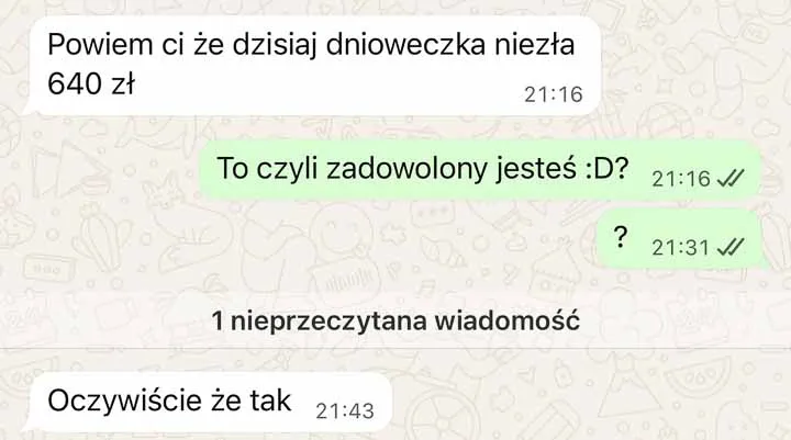 Zrzut rozmowy na WhatsAppie: kursant informuje o dziennym zarobku 640 zł ze sprzedaży butów
