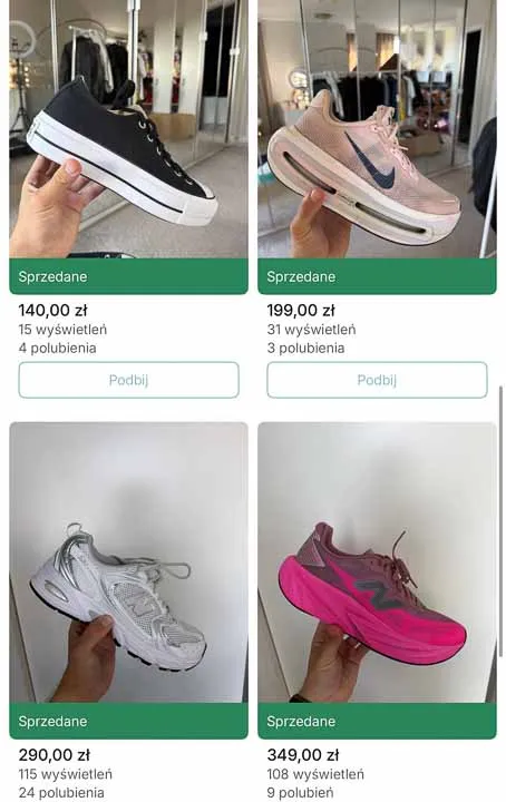 Zrzut z Vinted: sprzedane buty Converse, Nike i New Balance z cenami i liczbą wyświetleń
