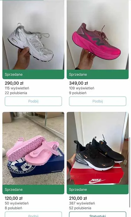 Zrzut z Vinted: sprzedane New Balance i Nike Air Max 270 z cenami 210–349 zł