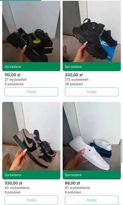 Zrzut z Vinted: sprzedane buty Nike i Jordan z cenami od 99 do 330 zł