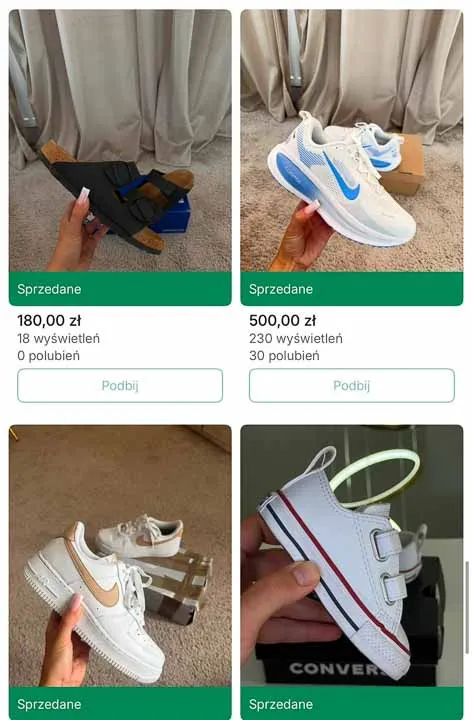 Zrzut z Vinted: sprzedane klapki i buty Nike z oznaczeniem „Sprzedane”